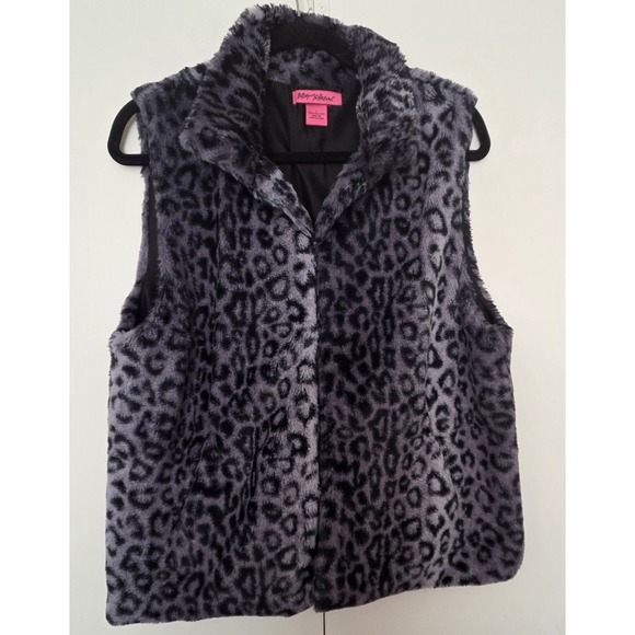 Betsey Johnson Jackets & Blazers - Betsey Johnson Black/Gray Faux Fur Vest Leopard Print Size Large -EUC-